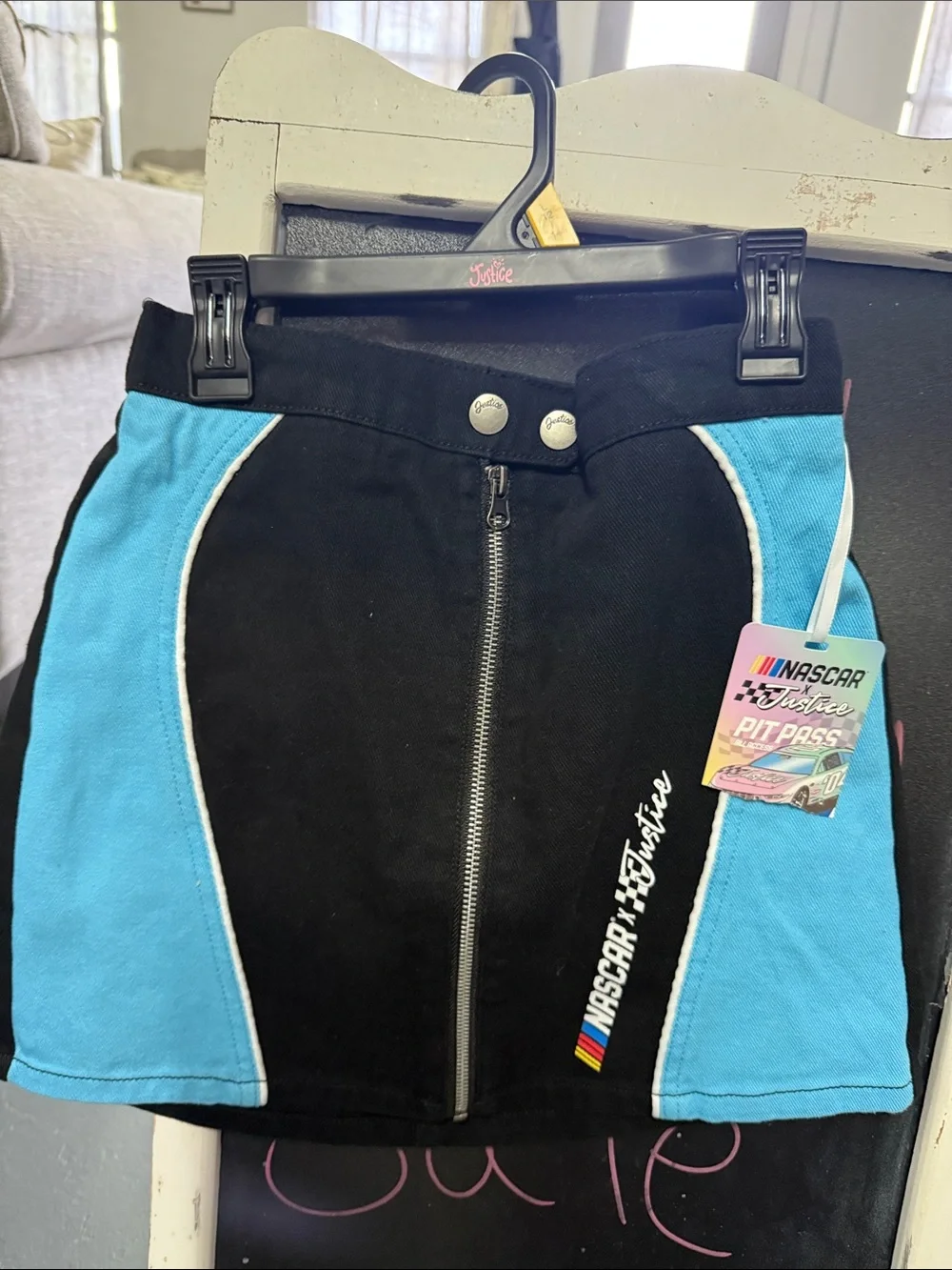 Justice Black and Turquoise Racing Zip-Front Skirt